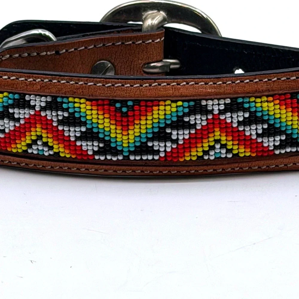 Myra Bag Southwestern Beaded Leather Dog Collar Brown Basketweave Small 10-14in